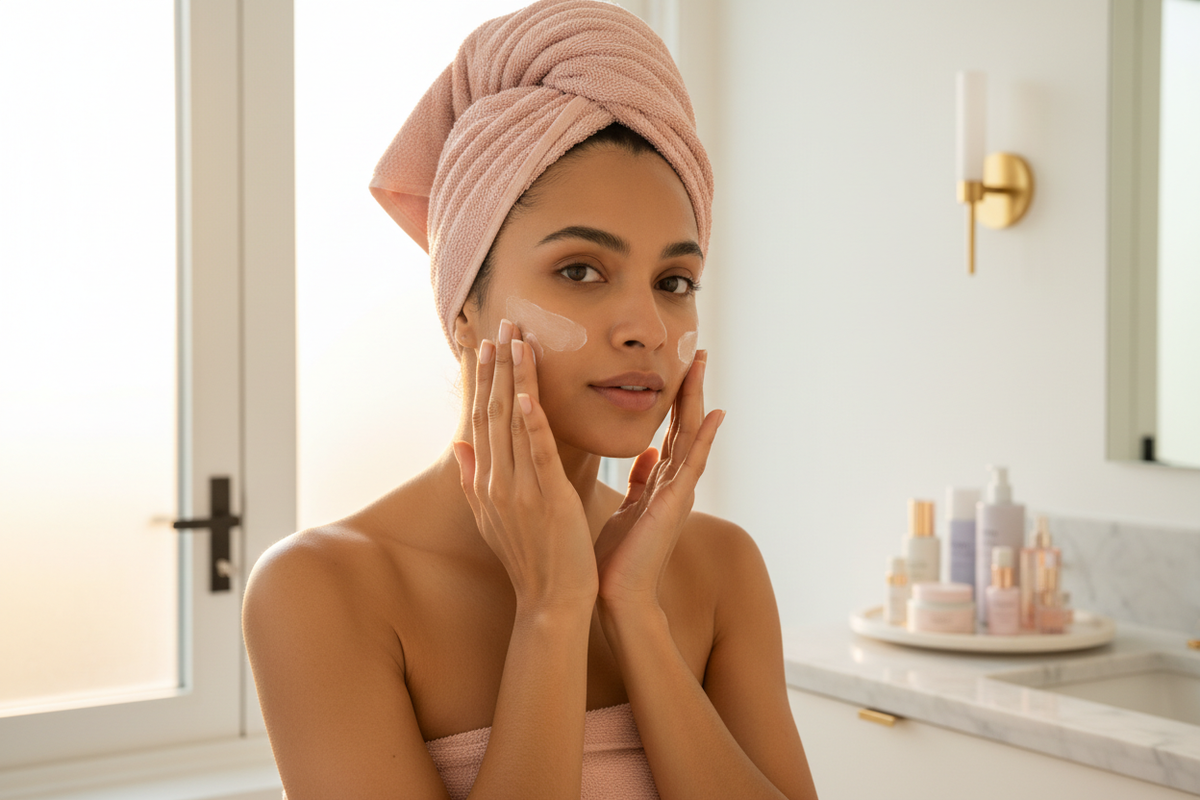 South Asian woman applying moisturizer after IPL treatment