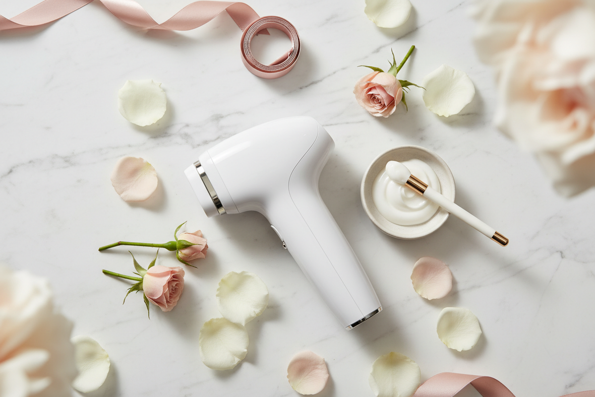 Sleek white IPL device on marble surface with rose petals